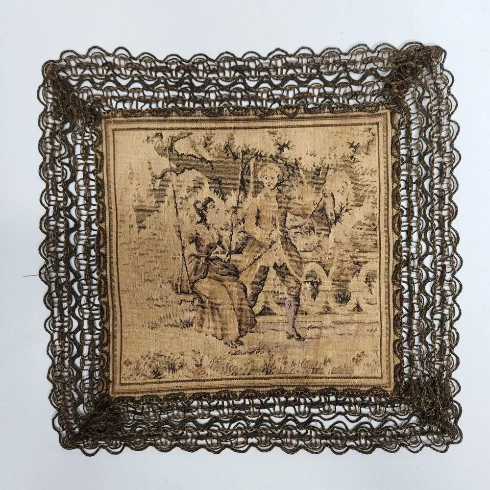 8.25in French Tapestry Doilies Lot of 2 Romantic Courting Scenes Crochet France